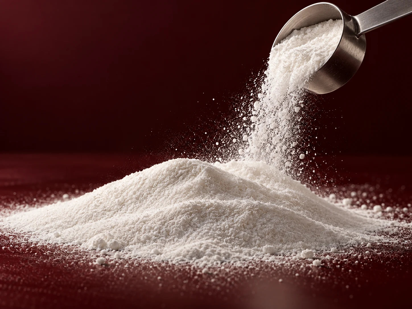 Fine white creatine powder in an art-directed macro scene