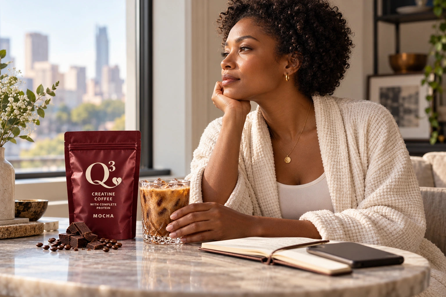A quiet pause by the window with a journal, coffee and Q³