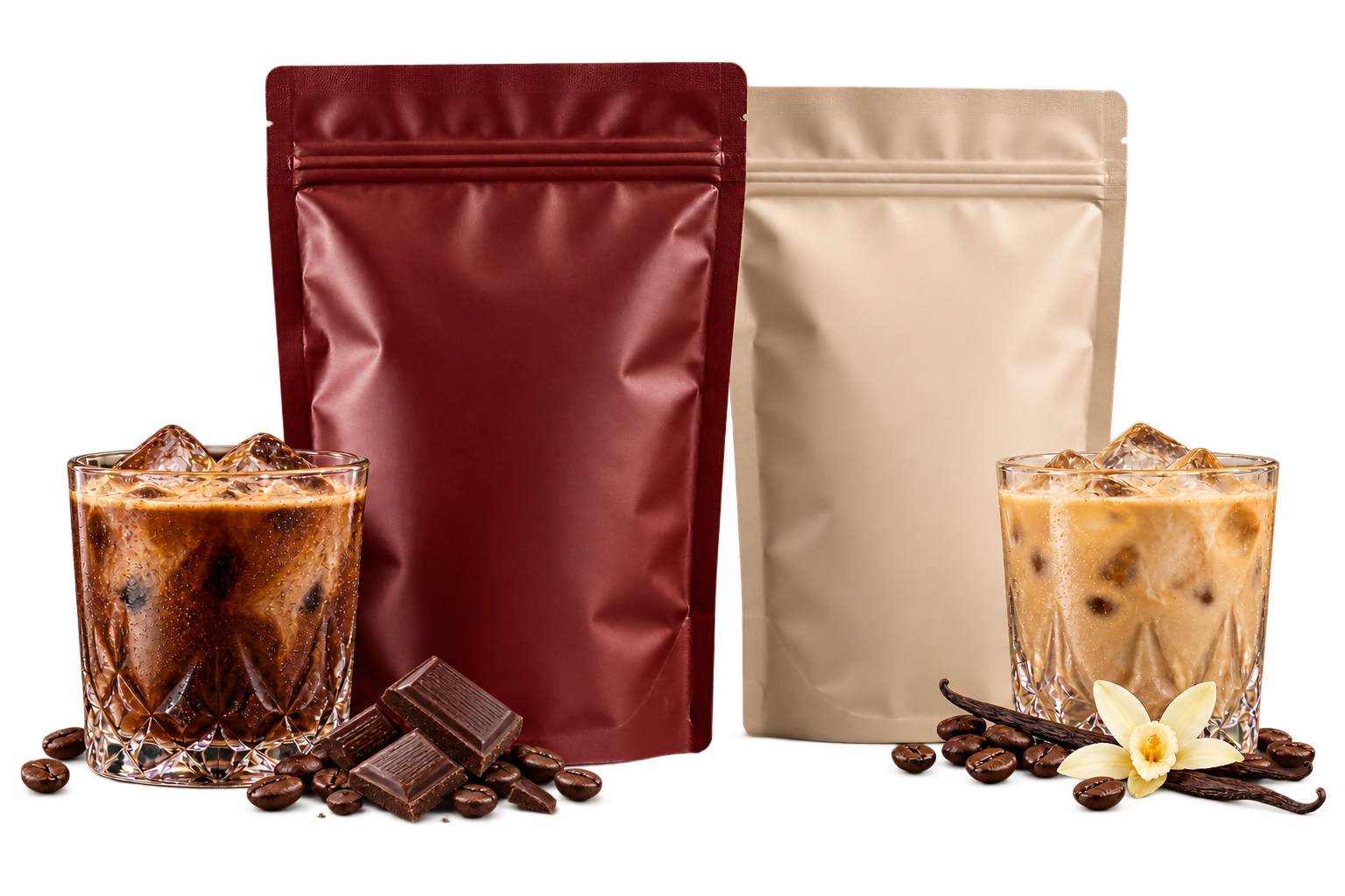 Q cubed development packaging: Red Wine Mocha and Cream Cashmere Vanilla pouches, with iced coffee