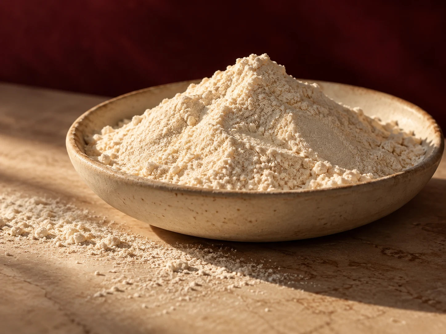 A soft mound of ivory protein powder in a ceramic dish