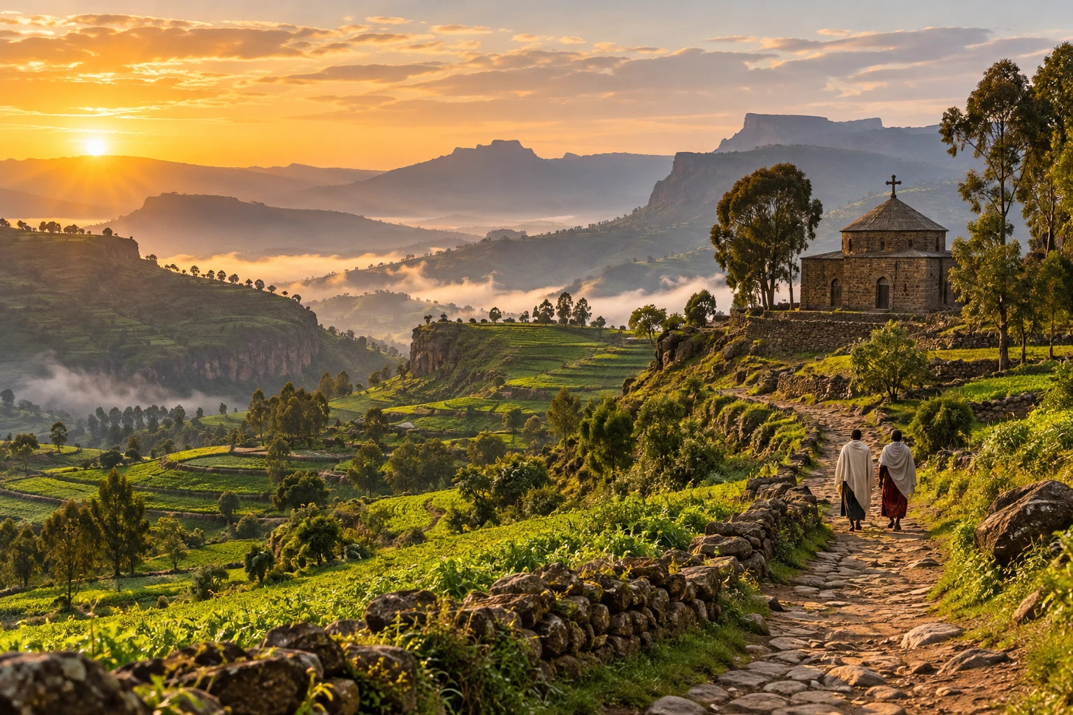 An illustrative Ethiopian highland landscape with a stone church and winding path