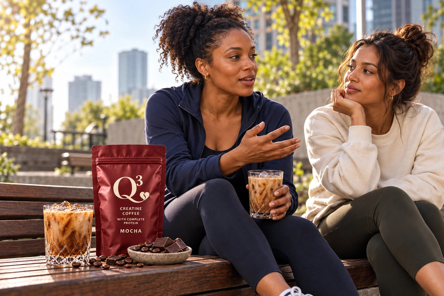 Two friends outdoors with Q³ Mocha and iced coffee after a morning walk