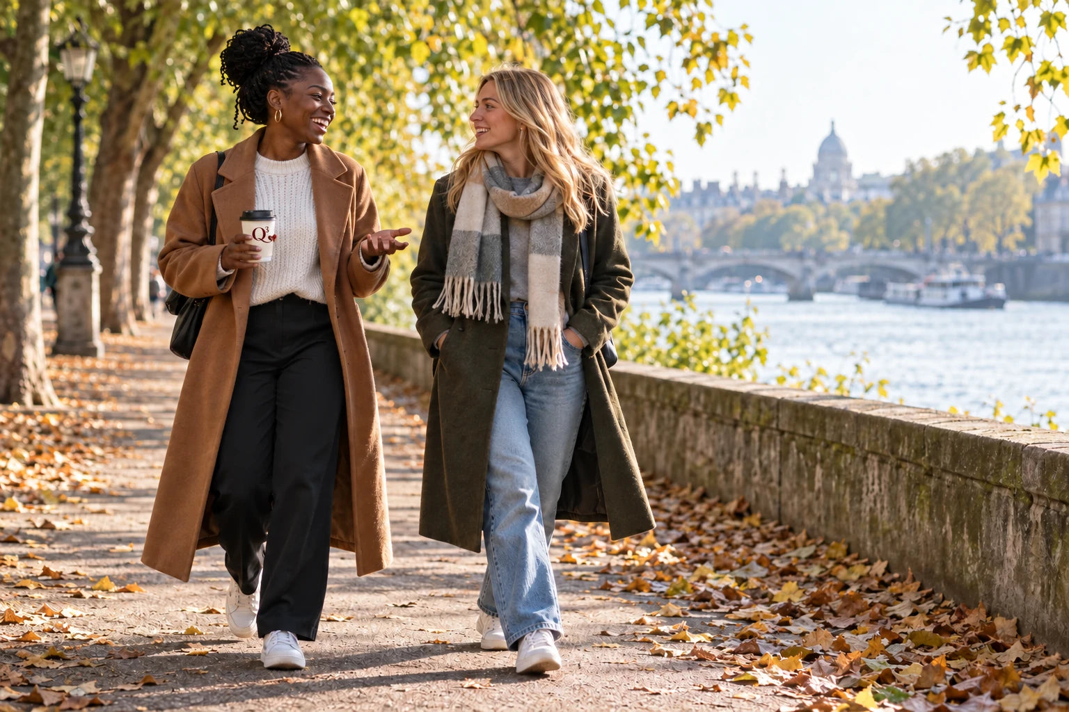 Two friends enjoying an easy morning walk outdoors