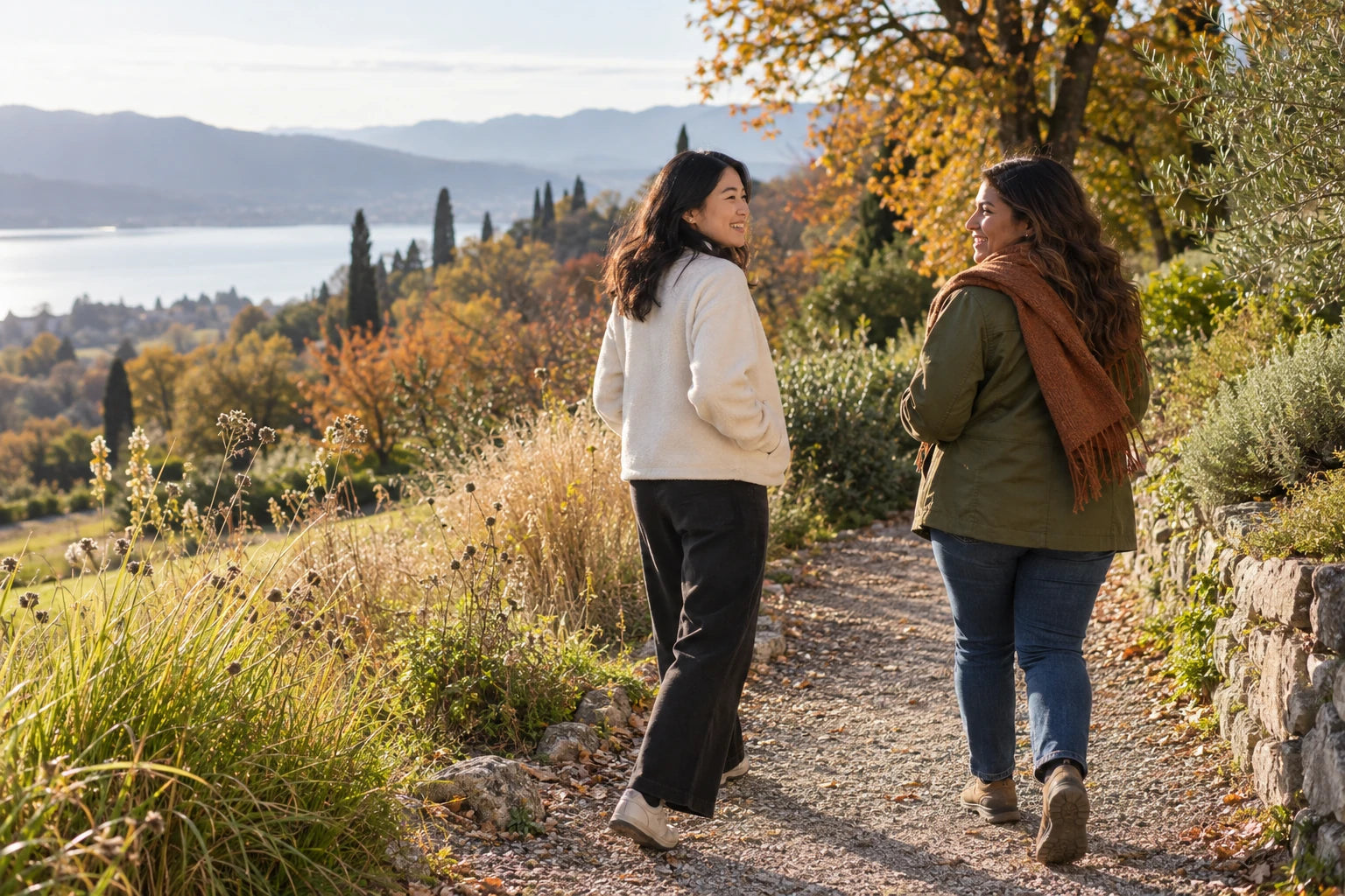Two friends walking together on a sunlit garden path